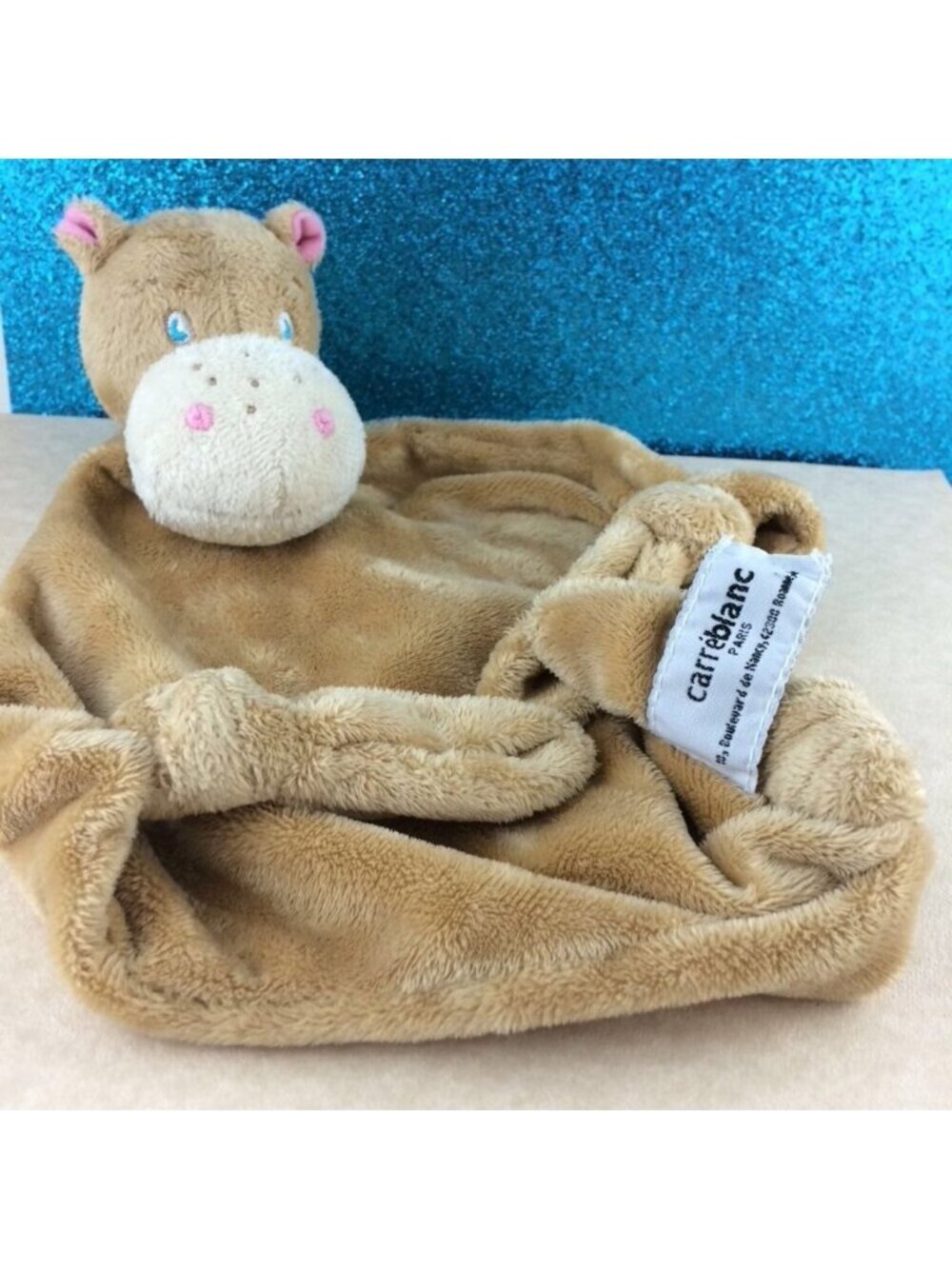 Carré Blanc Hippo Hippopotame Doudou Lovey Peluche Plush Plat USED 8" Security